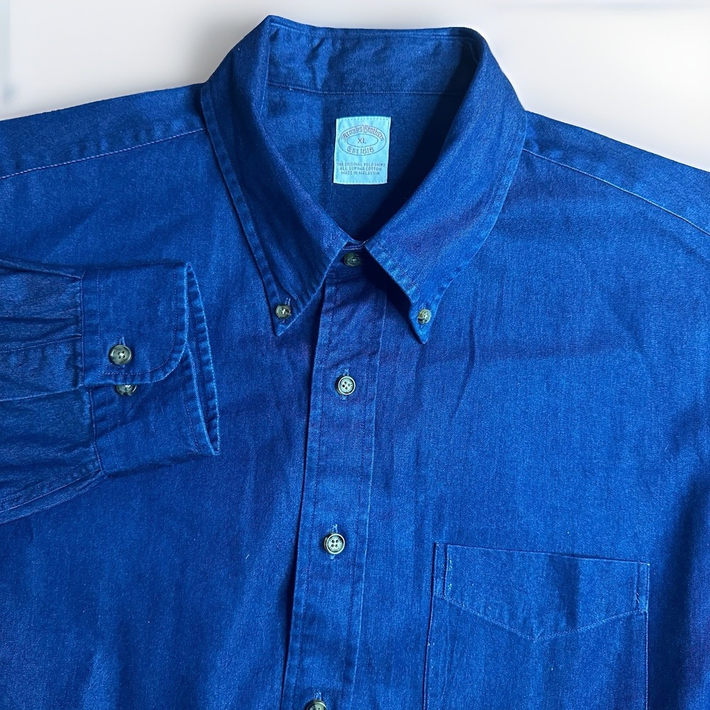 Vintage Brooks Brothers Shirt Men XL Dark Blue Denim Chambray OCBD Cotton Supima